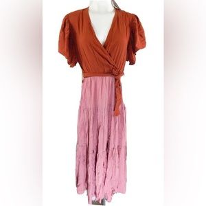 NWT Petal and Pup Women's 2 Dress Barker Tiered Faux Wrap Midi Orange Pink